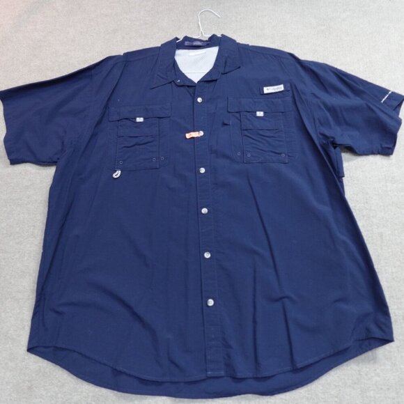 Columbia PFG Shirt 2XL Blue Solid Bahama Short Sleeve Fishing Vented - Picture 2 of 6